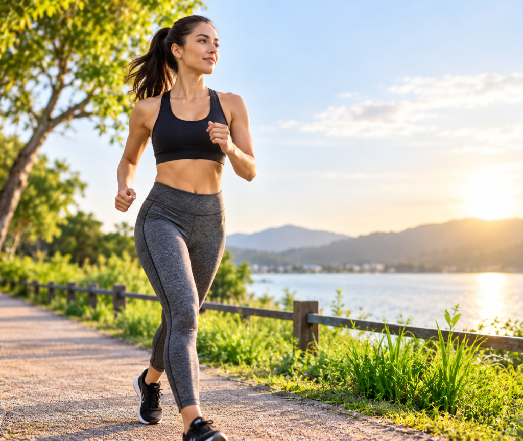 mujer corriendo al amanecer junto al lago